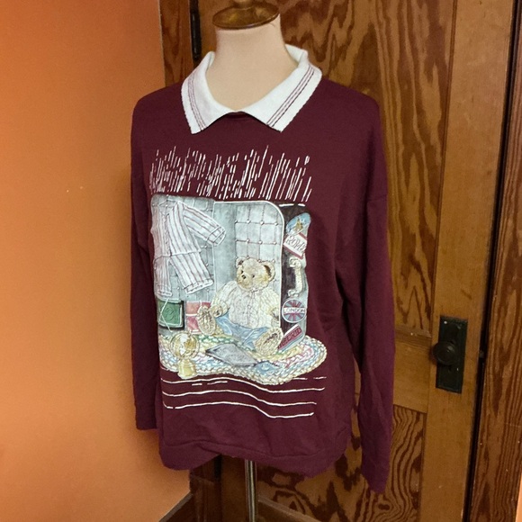 Vintage Teddy Bear Graphic Collared Sweatshirt Burgundy Cottagecore Top - Picture 10 of 12